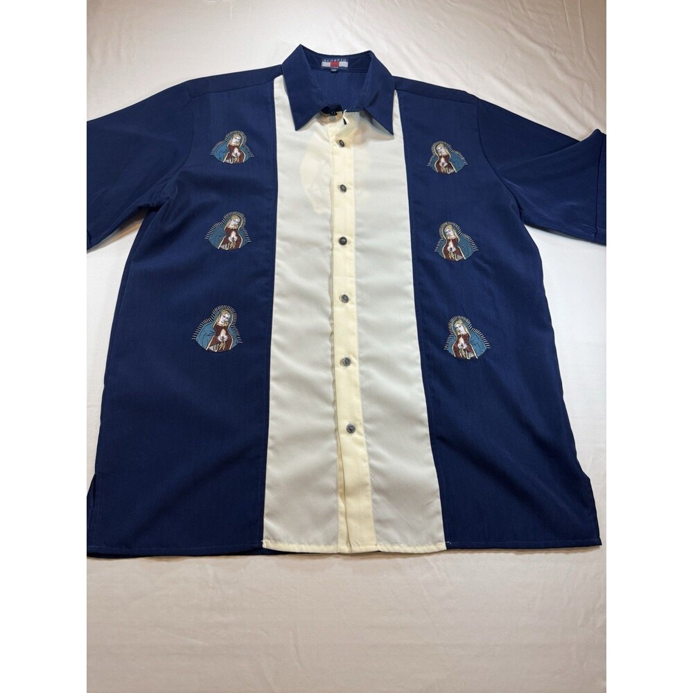 Scorpio USA 1X Virgen de Guadalupe Embroidered Bowling Shirt Blue Camp Y2K